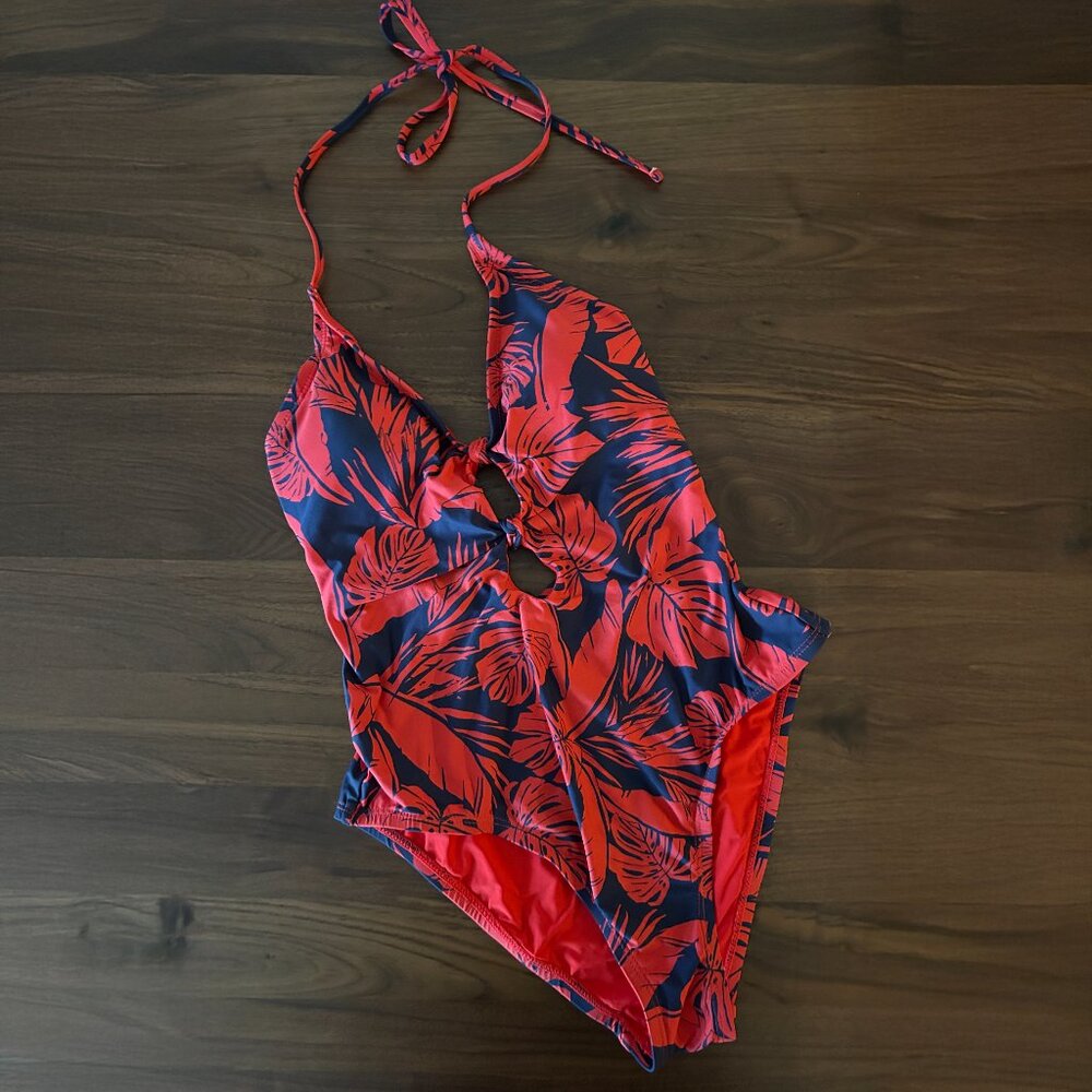 Sea Angel Red & Navy Leaf Print Low Back One-Piece Swimsuit - Small